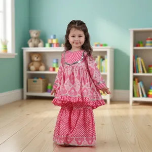 Ensemble Anarkali Kurta Sharara pour bébés filles Titrit, rose à imprimé floral, col plissé, en pur coton, coupe ample, longueur au sol, infroissable - Product Image 1