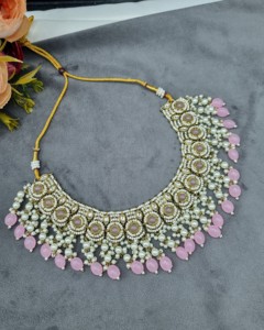 Handcrafted Round Stone Heavy Choker Necklace With Earrings And Mangtika Traditional Ethnic Designer Fashion Jewellery Wholesale - Product Image 3