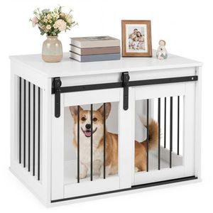 31.5\" White Wooden <b>Dog</b> Crate Furniture with Sliding Barn Door Indoor Kennel End <b>Table</b> for Pets - Product Image 1