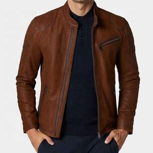Blouson Moto Homme en Cuir Véritable Marron de Haute Qualité, Col Montant, Fermeture Éclair, Coupe Slim, Idéal pour l'Automne – Vente en Gros - Product Image 3