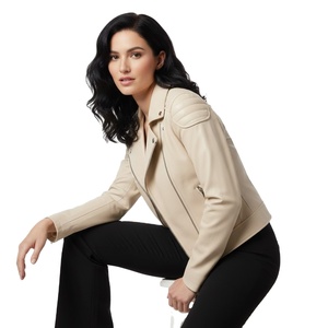 Cream Smooth Leather <b>Motorbike</b> Jacket Women Custom Bulk Wholesale Factory Price Biker Style Ladies Fashion Coat OEM Service - Product Image 1