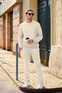Conjunto Deportivo para Hombre, Sudadera y Pantalones Beige, Cuello Redondo, Color Sólido, Casual, Manga Larga, 100% Algodón, Transpirable, Corte Regular - Product Image 6