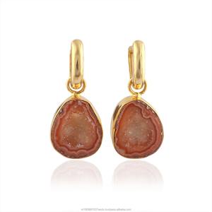 Boucles d'oreilles pendantes en agate drusy rouge plaquées or, avec tranches de cristal naturel, pour femmes, vente en gros - Product Image 4