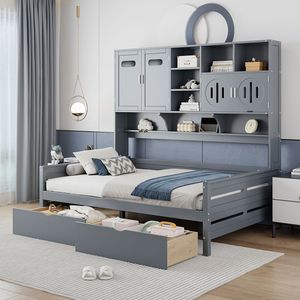 Divano letto matrimoniale in legno con 2 cassetti, armadio e scaffale grigi tutto in uno - Product Image 1