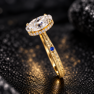 Bague en diamant de laboratoire ovale taille brillant de 2 carats certifiée IGI, avec halo caché, bande en or gravée et pierres d'accentuation bleues - Product Image 2
