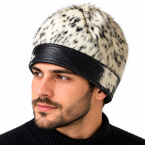Chapeau en cuir noir avec couronne en fourrure tachetée et design contrastant pour accessoire de mode de boutique, vente en gros - Product Image 1