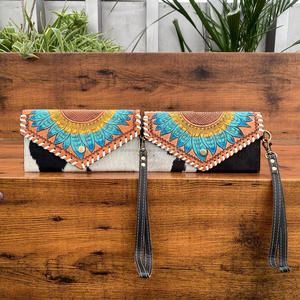 Cartera de cuero tallado a mano, Cartera de mano, elegante, de cuero de vaca, turquesa, Floral, tarjetero para mujer, novedad - Product Image 4