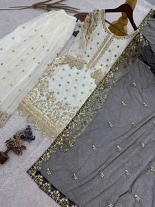 Conjunto de Traje Palazzo de Seda Pura Fandy de Lujo con Bordado y Diseño Exclusivo, y Dupatta de Red con Mariposas para Venta al por Mayor - Product Image 5