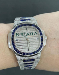 High Quality Luxury Quartz <b>Watch</b> Stainless Steel Blue Gemstone Bezel Diamond <b>Iced</b> <b>Out</b> Analog Fashionable and Timeless Design - Product Image 1