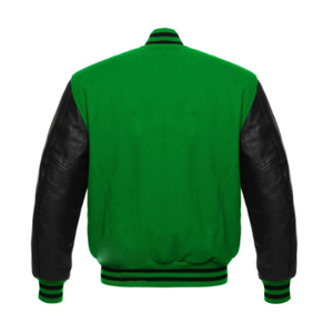 Veste universitaire verte pour homme avec manches en cuir PU noir, col rabattu, vêtement décontracté pour l'automne - Product Image 2
