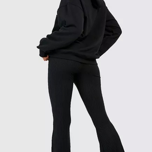 Ensemble sweat à capuche et pantalon évasé en molleton de coton noir pour femme, couleur unie, coupe ample, longueur intégrale, tenue décontractée pour l'automne - Product Image 5