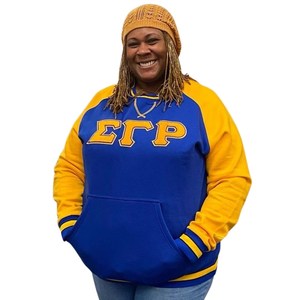 Sigma Gamma Rho Chenille Greek Letter Sweatshirt <b>Women</b> Blue <b>Yellow</b> Raglan Pocket Crewneck Sorority Pullover <b>Top</b> - Product Image 1