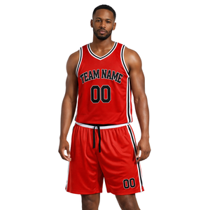 Ensemble d'uniformes de basket-ball personnalisés rouge rétro avec bordure blanche et noire, maillot et short, nom et numéro de l'équipe, design classique - Product Image 1
