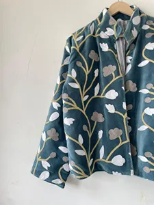 bohemian Teal Blue <b>Velvet</b> Floral Embroidered Suzani <b>Jacket</b> Full Sleeve Stand Collar Bohemian <b>Women's</b> Autumn Outerwear - Product Image 5