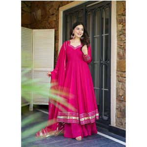 Robe Anarkali et pantalon Bhojal Fashion, magnifique, rose foncé, avec dupatta, accessoire traditionnel pour les fêtes musulmanes, taille L - Product Image 4
