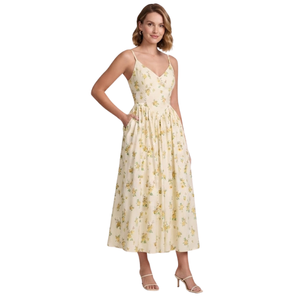 Elegante Vestido Maxi con Estampado Floral, Cuello en V, Tirantes Finos, Corte en A, con Bolsillos, de Chifón, Casual, Transpirable, para Mujer, Primavera/Verano - Product Image 3