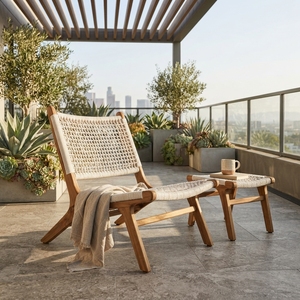 Chaise de jardin d'extérieur grise avec structure en métal blanc, chaise papillon en corde tressée, coussin de tête bleu sarcelle, pour aménagement de patio, design artistique et décoratif - Product Image 4