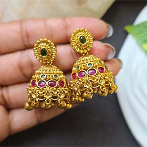 Antique Gold Plated Brass Jhumka Stud Drop Earrings with Golden Pearl for Wedding Party - Product Image 1