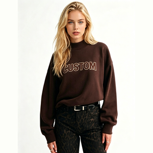 Womens Brown <b>Mock</b> <b>Neck</b> Embroidered Sweatshirt Premium Heavyweight Fleece Pullover Oversized Casual Loungewear <b>Top</b> - Product Image 3