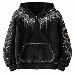 Luxury Rhinestone Zip Hoodie Heavy Crystal <b>Studded</b> Black Streetwear Premium Vintage Winter Oversized - Product Image 1