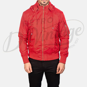 Custom <b>Men</b> Red Hooded Bomber <b>Jacket</b> Windproof Casual <b>Flight</b> <b>Jacket</b> with Detachable Hood and Sleeve Zipper Pocket Coat - Product Image 3