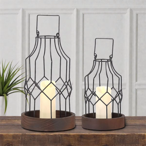 Black Iron Wire <b>Candle</b> <b>Lanterns</b> With Wooden Base Modern Design Home Decoration - Product Image 6