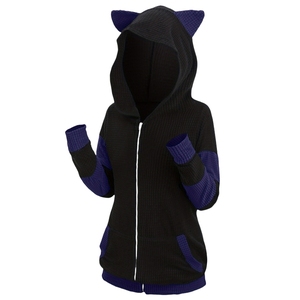 Sudadera con capucha para mujer, informal, talla grande, gruesa, con orejas de gato, bloques de color, manga larga, con cremallera, personalizable - Product Image 3