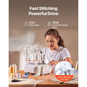 Macchina da Cucire Overlock con 1250 Punti al Minuto, Luce LED, Piedini a Forte Aspirazione, Capacità 2 3 5 Fili per Overlock - Product Image 4