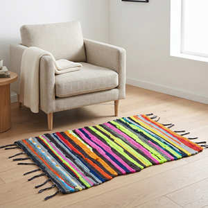 2' x 3' Multi Stripe Recycled Cotton Rag <b>Rug</b> with Fringe for Entryway Farmhouse Scandinavian & <b>Rustic</b> Home - Product Image 2