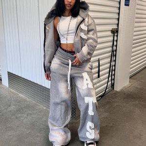 Hot Selling 100% Cotton Acid Wash Fade Tracksuit Distressed Embroidered Patch Logo Heavyweight Autumn Set Applique Street Wear - Product Image 6