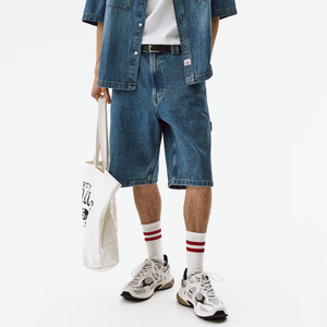 Shorts cargo en jean pour homme, taille mi-haute, délavage clair, en coton, style décontracté d'été avec poches, tissu tissé avec surpiqûres - Product Image 2
