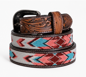 Ceinture en cuir occidentale de haute qualité avec boucle artisanale à motifs multicolores perlés, marque SADAF SADDLERY, taille 24-34 pouces, Inde - Product Image 4