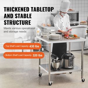 Tavolo da Lavoro in Acciaio Inox Resistente 24 X 36 X 38 Pollici con 4 Ruote e 3 Livelli di Altezza Regolabili per Preparazione Alimenti - Product Image 2