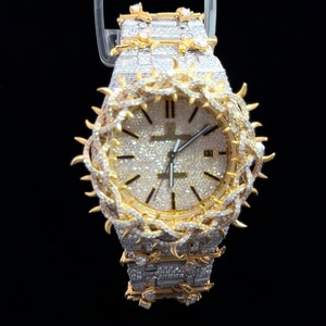 Montre de luxe à design épingle, sertie de diamants, or et argent, style hip-hop, lunette à pointes, style royal, automatique, avec bracelet - Product Image 1