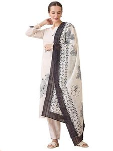Women's Straight Woven <b>Linen</b> Floral Embroidered Knee Length Kurta & Pant with Dupatta 3-<b>Piece</b> Set - Product Image 1