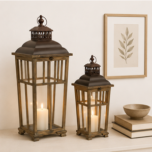 Set of 2 <b>Large</b> Farmhouse Wooden Decorative Lanterns Rustic Distressed Brown Wood Floor <b>Candle</b> Lanterns for Wedding Centerpiece - Product Image 5