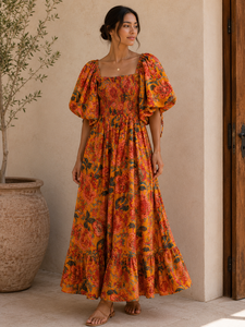 Floral Print A-Line Maxi Dress Smocked Square Neck Puff Sleeve Casual Summer Women Dress - Product Image 5