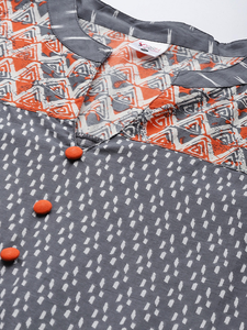 Kurti Anarkali en coton grande taille pour femme, avec motif gris imprimé Ikat, col mandarin et manches trois quarts - Product Image 5