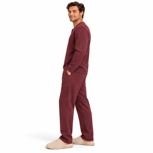 Ensemble de pyjama décontracté d'hiver pour homme en coton/élasthanne tricoté, chemise Henley à manches longues, coupe classique, imprimé uni, pour la détente - Product Image 2