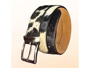 Cinturón de cuero auténtico con pelo de vaca, personalizado OEM, para hombre, con etiqueta privada y hebilla metálica. - Product Image 3