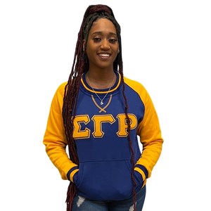 Sweat-shirt à col rond en chenille avec lettres grecques Sigma Gamma Rho pour femme, bleu et jaune, avec poche raglan, pull de sororité - Product Image 6