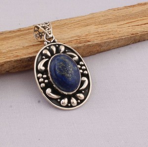 Pendentif en argent sterling 925 avec pierre précieuse naturelle Lapis Lazuli, cabochon ovale serti clos, style vintage Bali, breloque de 18 pouces, vente en gros - Product Image 3