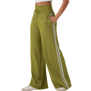 Pantalones de chándal acanalados de pierna ancha para mujer, de cintura alta con cordón, con rayas laterales, informales, largos, de punto gris, de algodón y elastano - Product Image 6