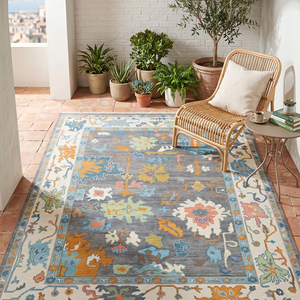 Tapis en laine noué à la main, motif floral classique, gris, bleu, multicolore, rectangulaire, à poils plats, durable, pour la maison - Product Image 5