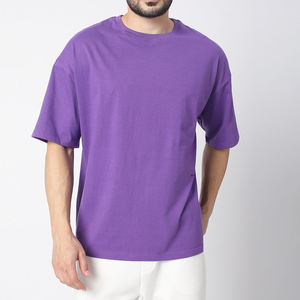 T-shirts pour hommes en coton 100% de couleur unie violette, col rond, haute qualité, logo personnalisé, vêtements de fitness à manches courtes - Product Image 1