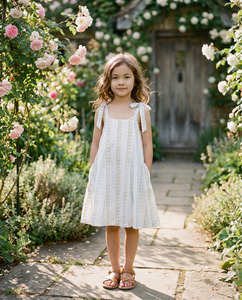 Vestido de Verano Premium para Niñas, Blanco, de Algodón, con Rayas Florales, Tirantes, Sin Mangas, Cómodo, para Compradores de Ropa Infantil - Product Image 1