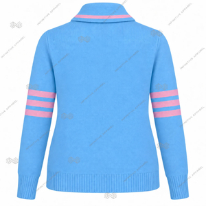 Cardigan en tricot personnalisé pour femme, bleu rose, style universitaire, avec logo brodé, col châle, fabricant OEM - Product Image 2