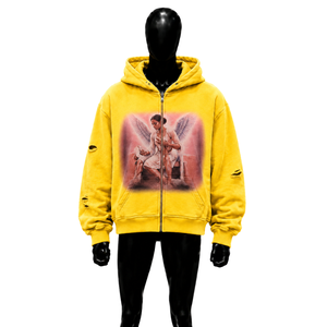 Sweat à capuche zippé jaune premium avec motif ange, style décontracté, coupe régulière, en molleton bouclette 100% polyester, pour l'automne, style streetwear décontracté - Product Image 1