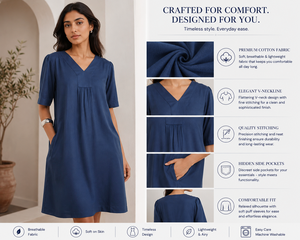 Robe midi plissée en coton bleu marine pour femme, col en V, avec poches, coupe ample décontractée, robe élégante d'été - Product Image 6
