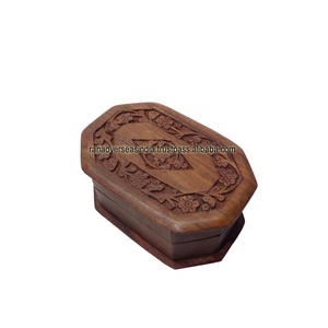 Organisateur de bijoux en bois sculpté à la main en forme octogonale avec couvercle à charnière pour filles et femmes - Product Image 2